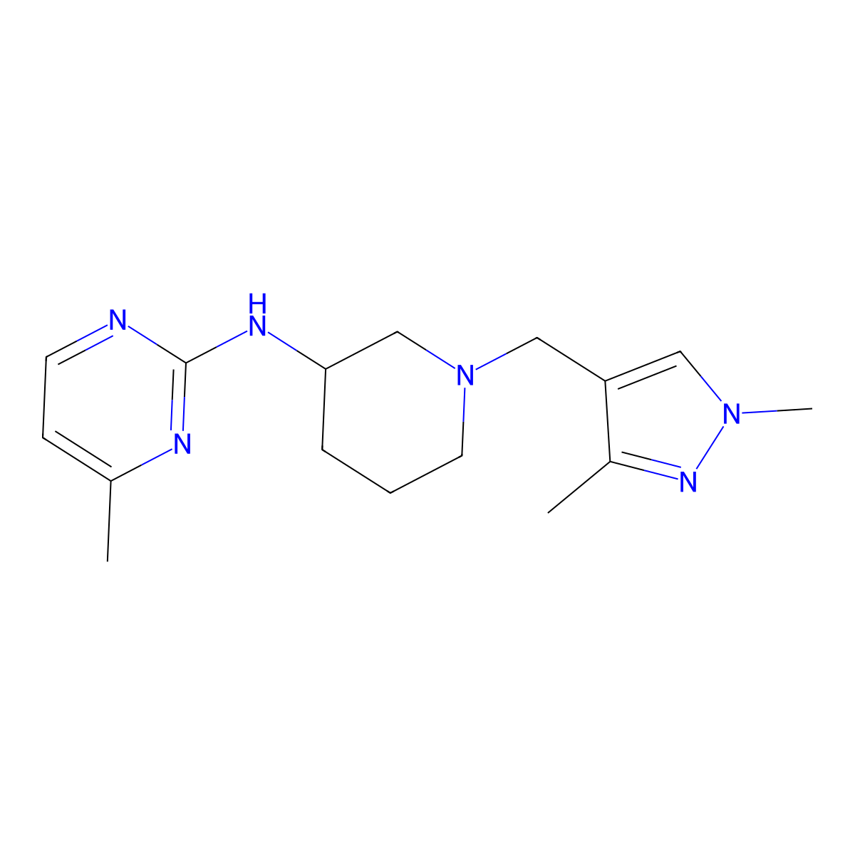 N-{1-[(1,3-dimethyl-1H-pyrazol-4-yl)methyl]piperidin-3-yl}-4-methylpyrimidin-2-amine molecular structure, CAS 3054608-24-8
