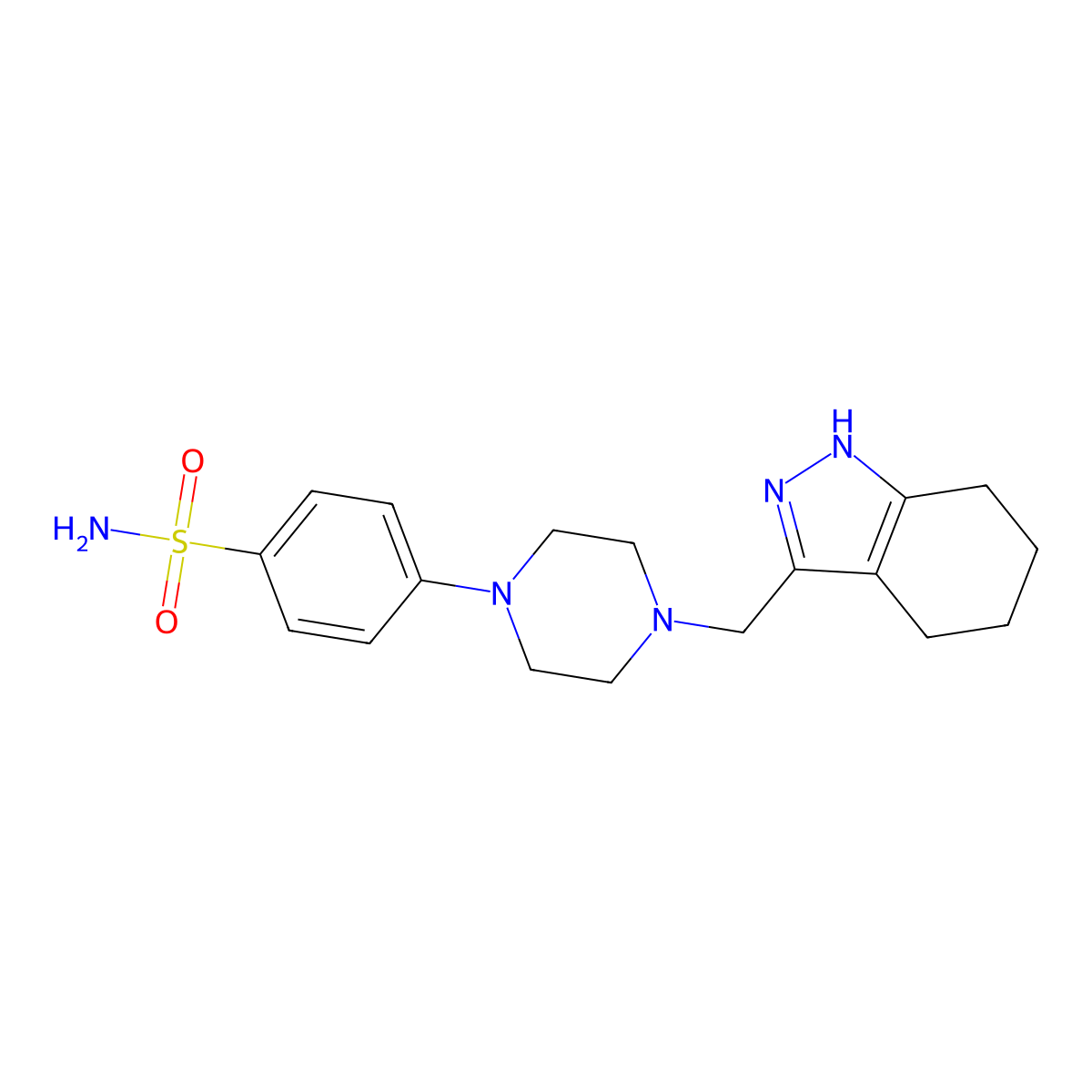 4-{4-[(4,5,6,7-tetrahydro-1H-indazol-3-yl)methyl]piperazin-1-yl}benzene-1-sulfonamide molecular structure, CAS 3054608-26-0