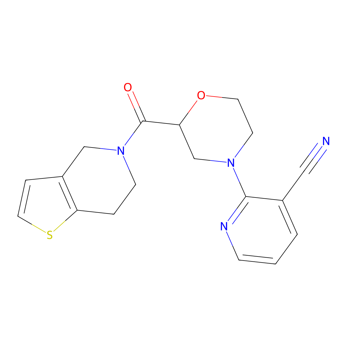 2-(2-{4H,5H,6H,7H-thieno[3,2-c]pyridine-5-carbonyl}morpholin-4-yl)pyridine-3-carbonitrile molecular structure, CAS 3054608-33-9