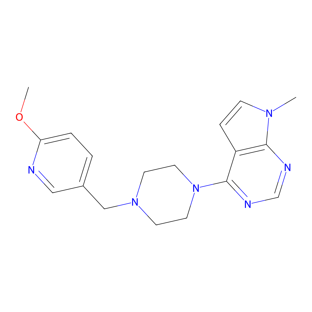 1-[(6-methoxypyridin-3-yl)methyl]-4-{7-methyl-7H-pyrrolo[2,3-d]pyrimidin-4-yl}piperazine molecular structure, CAS 3054608-36-2