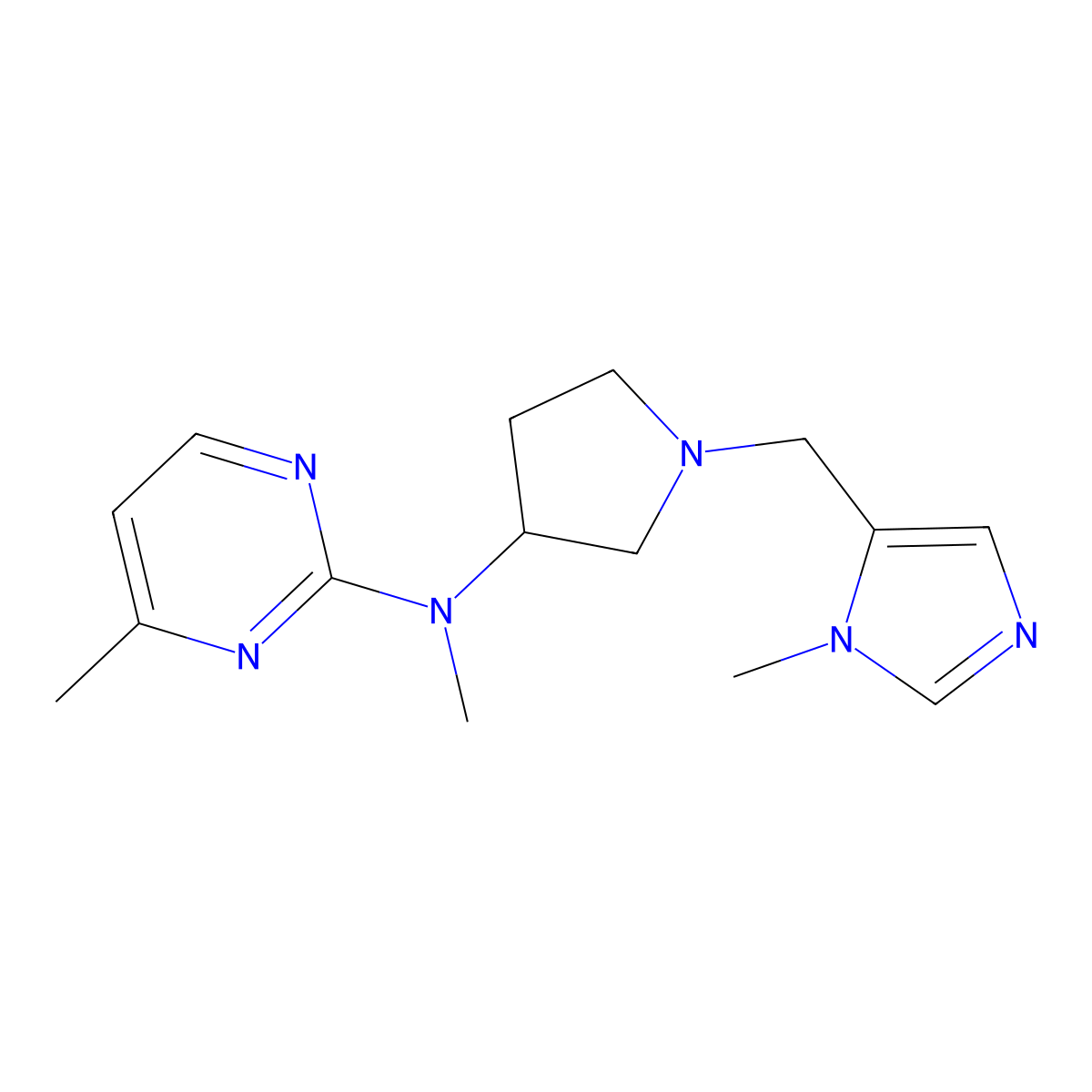N,4-dimethyl-N-{1-[(1-methyl-1H-imidazol-5-yl)methyl]pyrrolidin-3-yl}pyrimidin-2-amine molecular structure, CAS 3054608-39-5