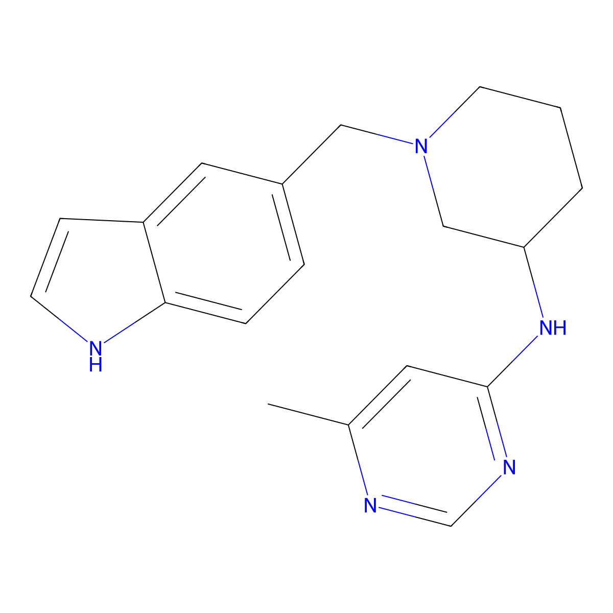 N-{1-[(1H-indol-5-yl)methyl]piperidin-3-yl}-6-methylpyrimidin-4-amine molecular structure, CAS 3054608-44-2