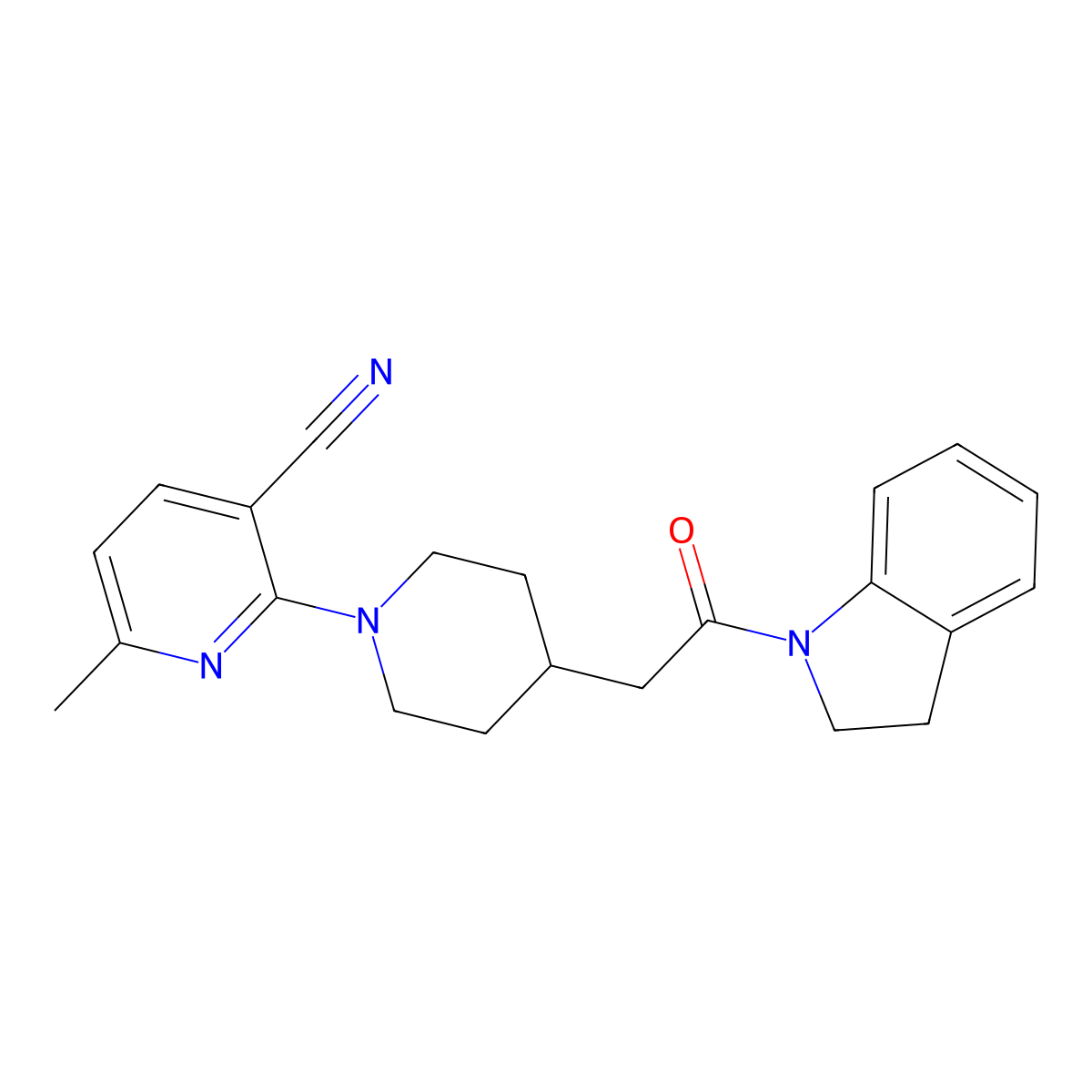 2-{4-[2-(2,3-dihydro-1H-indol-1-yl)-2-oxoethyl]piperidin-1-yl}-6-methylpyridine-3-carbonitrile molecular structure, CAS 3054608-46-4