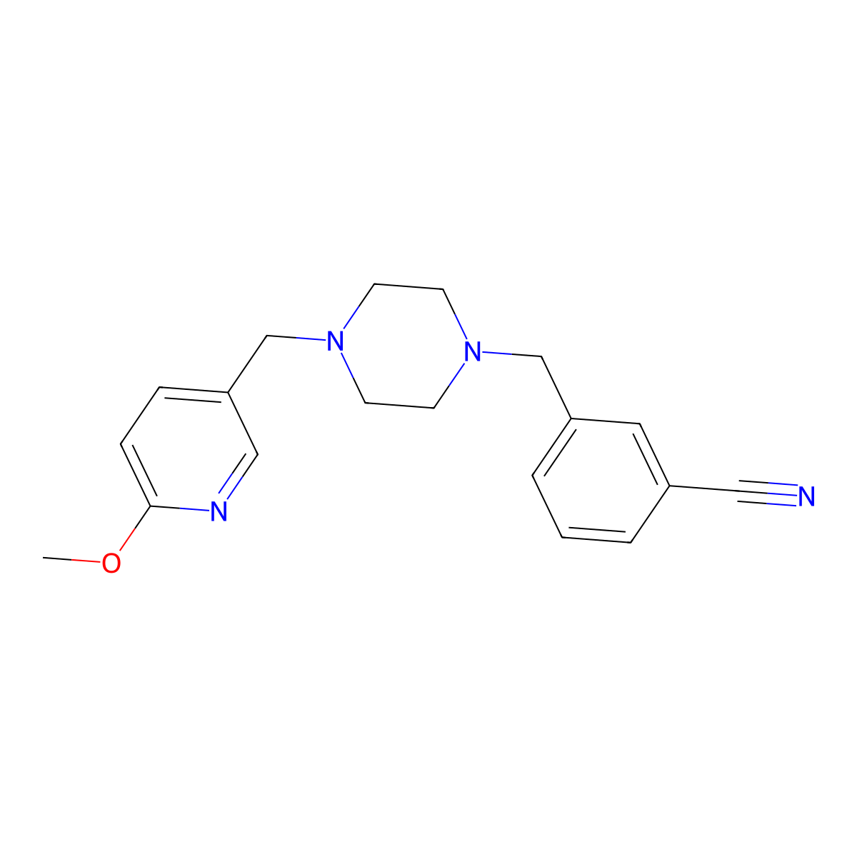 3-({4-[(6-Methoxypyridin-3-yl)methyl]piperazin-1-yl}methyl)benzonitrile molecular structure, CAS 3054608-53-3