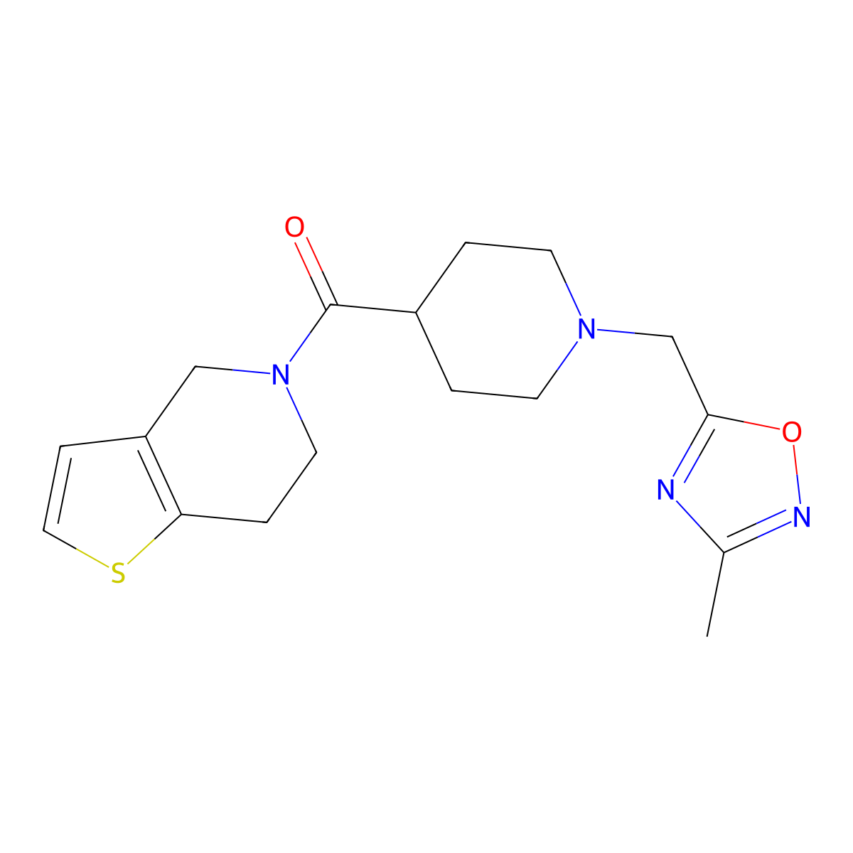 1-[(3-methyl-1,2,4-oxadiazol-5-yl)methyl]-4-{4H,5H,6H,7H-thieno[3,2-c]pyridine-5-carbonyl}piperidine molecular structure, CAS 3054608-57-7