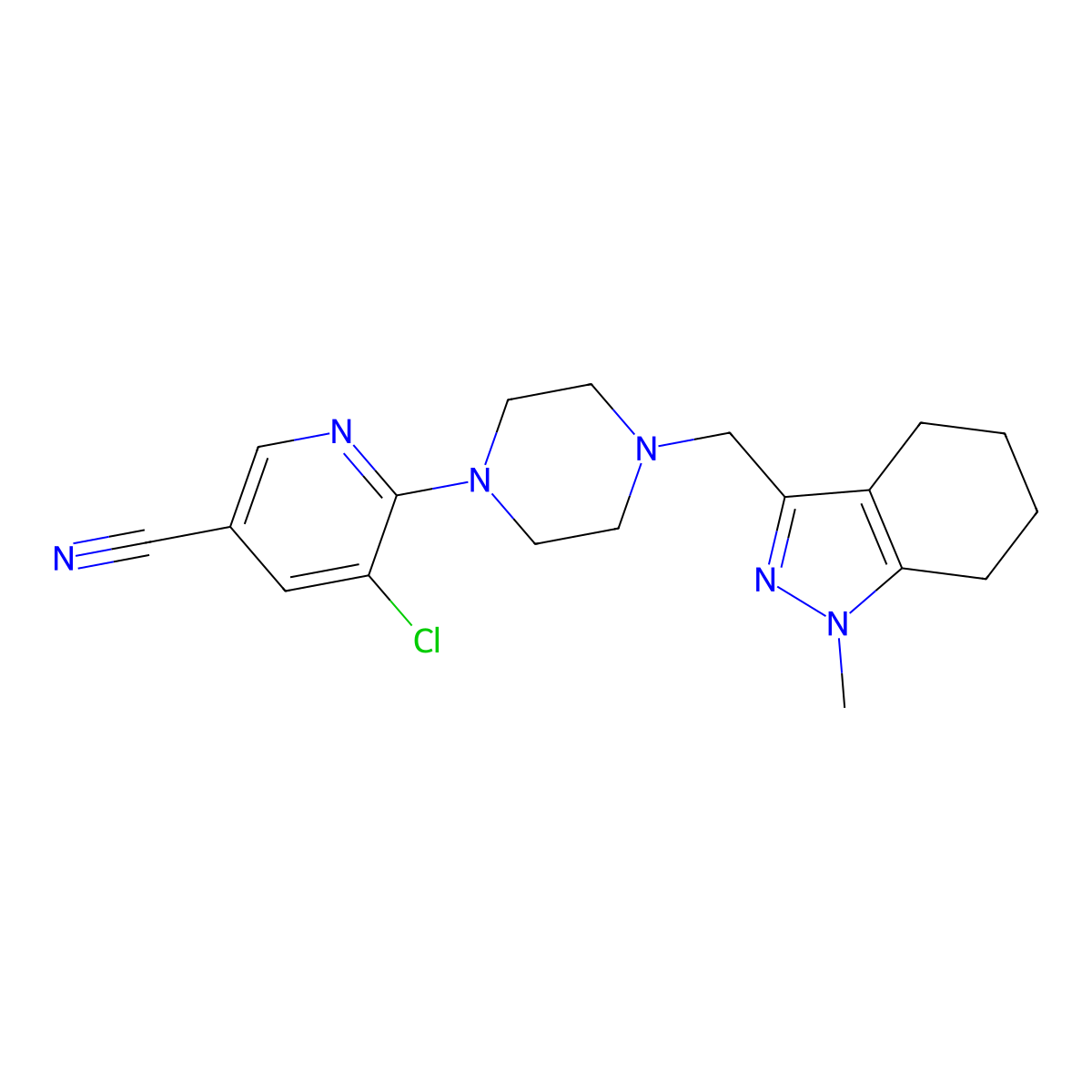 5-chloro-6-{4-[(1-methyl-4,5,6,7-tetrahydro-1H-indazol-3-yl)methyl]piperazin-1-yl}pyridine-3-carbonitrile molecular structure, CAS 3054608-64-6