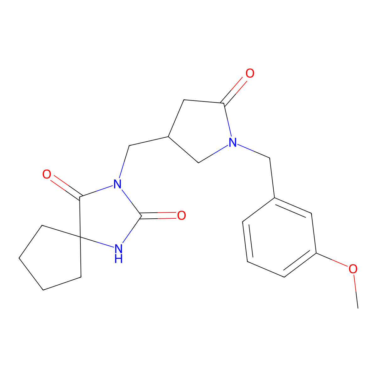 3-({1-[(3-Methoxyphenyl)methyl]-5-oxopyrrolidin-3-yl}methyl)-1,3-diazaspiro[4.4]nonane-2,4-dione molecular structure, CAS 3054608-67-9