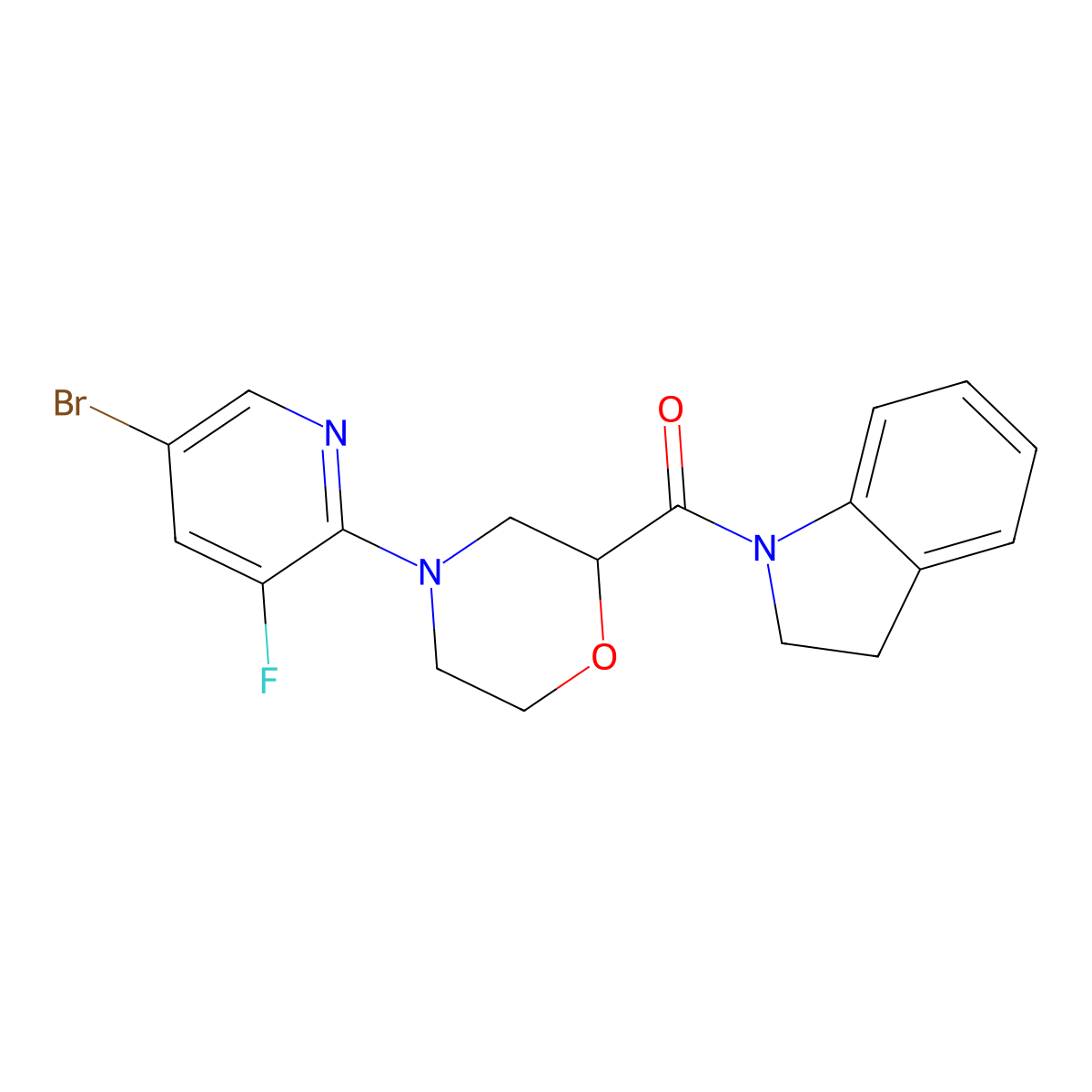 1-[4-(5-bromo-3-fluoropyridin-2-yl)morpholine-2-carbonyl]-2,3-dihydro-1H-indole molecular structure, CAS 3054608-68-0