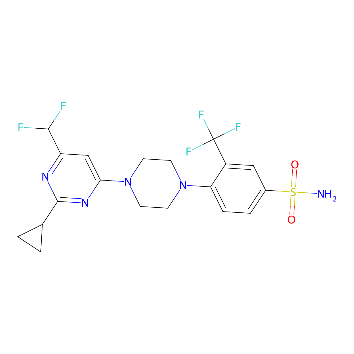 4-{4-[2-Cyclopropyl-6-(difluoromethyl)pyrimidin-4-yl]piperazin-1-yl}-3-(trifluoromethyl)benzene-1-sulfonamide molecular structure, CAS 3054608-69-1