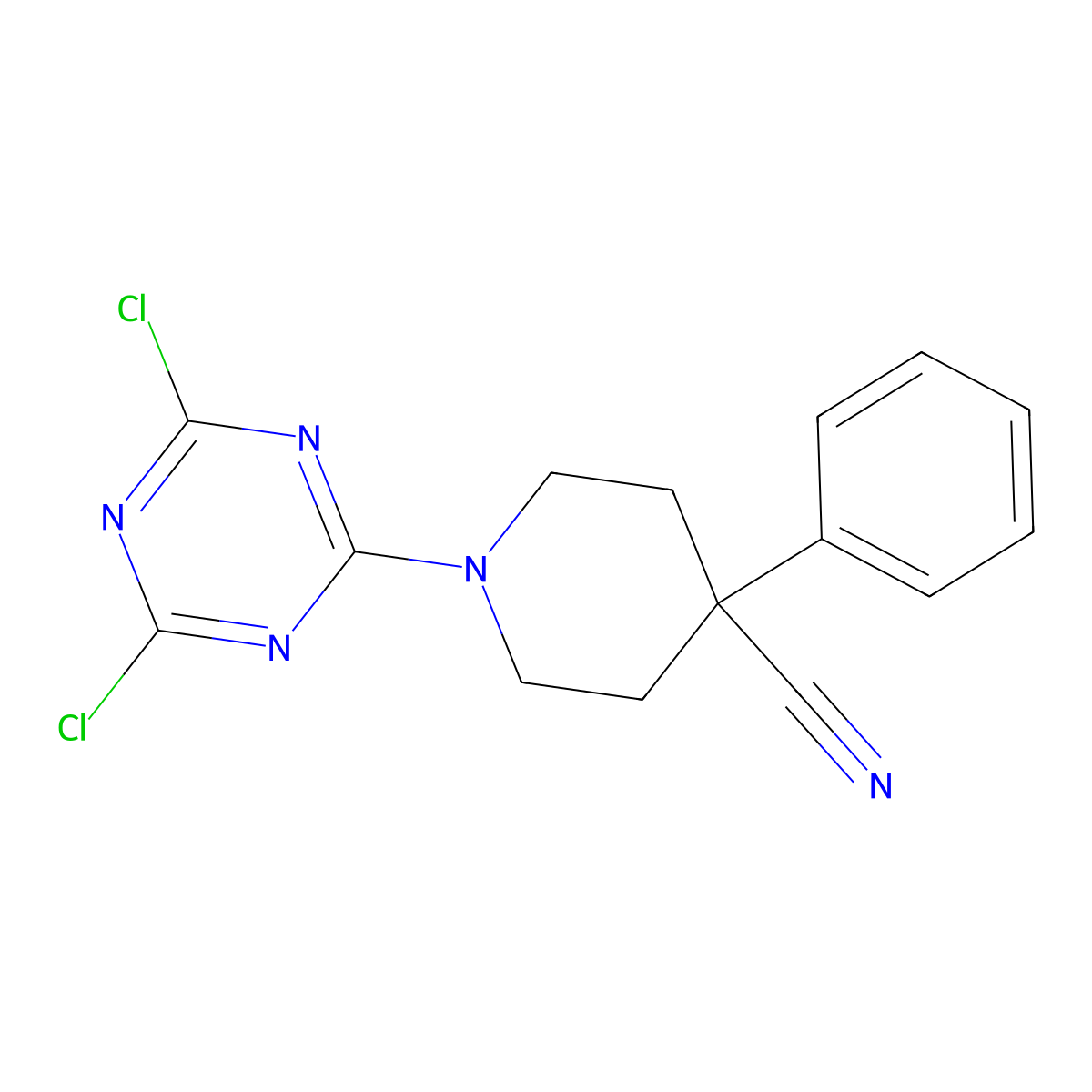 1-(4,6-Dichloro-1,3,5-triazin-2-yl)-4-phenylpiperidine-4-carbonitrile molecular structure, CAS 3054608-71-5