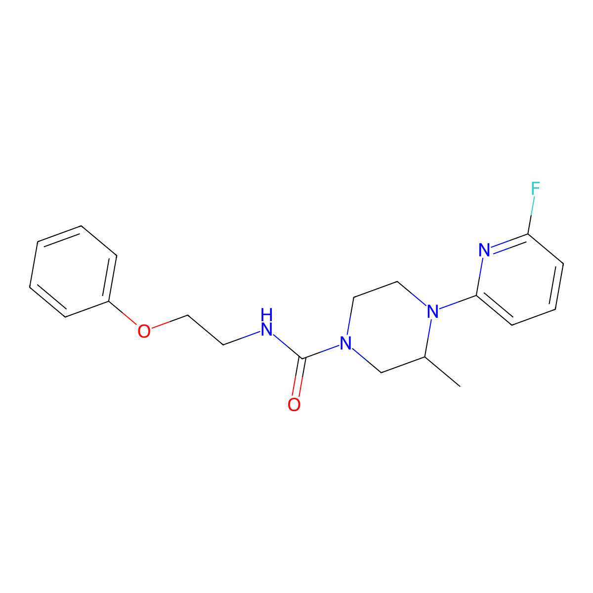 4-(6-fluoropyridin-2-yl)-3-methyl-N-(2-phenoxyethyl)piperazine-1-carboxamide molecular structure, CAS 3054608-73-7