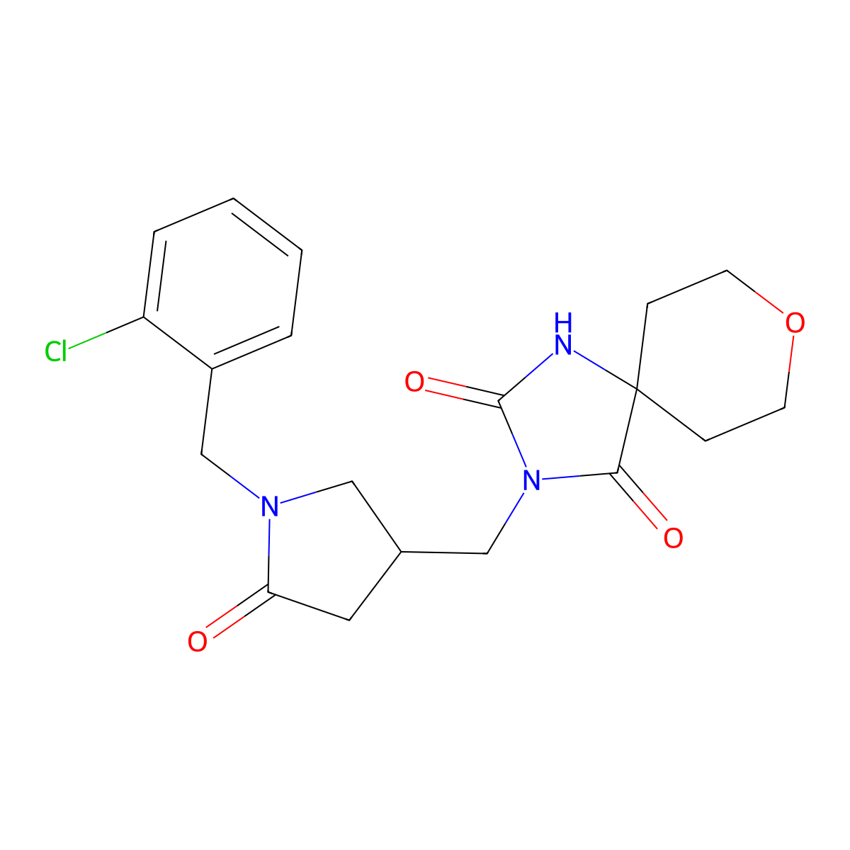 3-({1-[(2-Chlorophenyl)methyl]-5-oxopyrrolidin-3-yl}methyl)-8-oxa-1,3-diazaspiro[4.5]decane-2,4-dione molecular structure, CAS 3054608-76-0