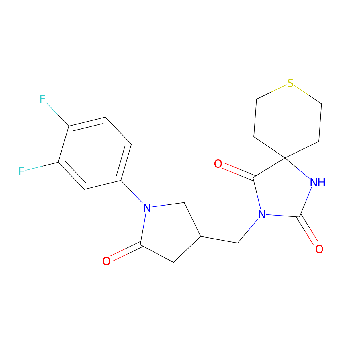 3-{[1-(3,4-Difluorophenyl)-5-oxopyrrolidin-3-yl]methyl}-8-thia-1,3-diazaspiro[4.5]decane-2,4-dione molecular structure, CAS 3054608-79-3