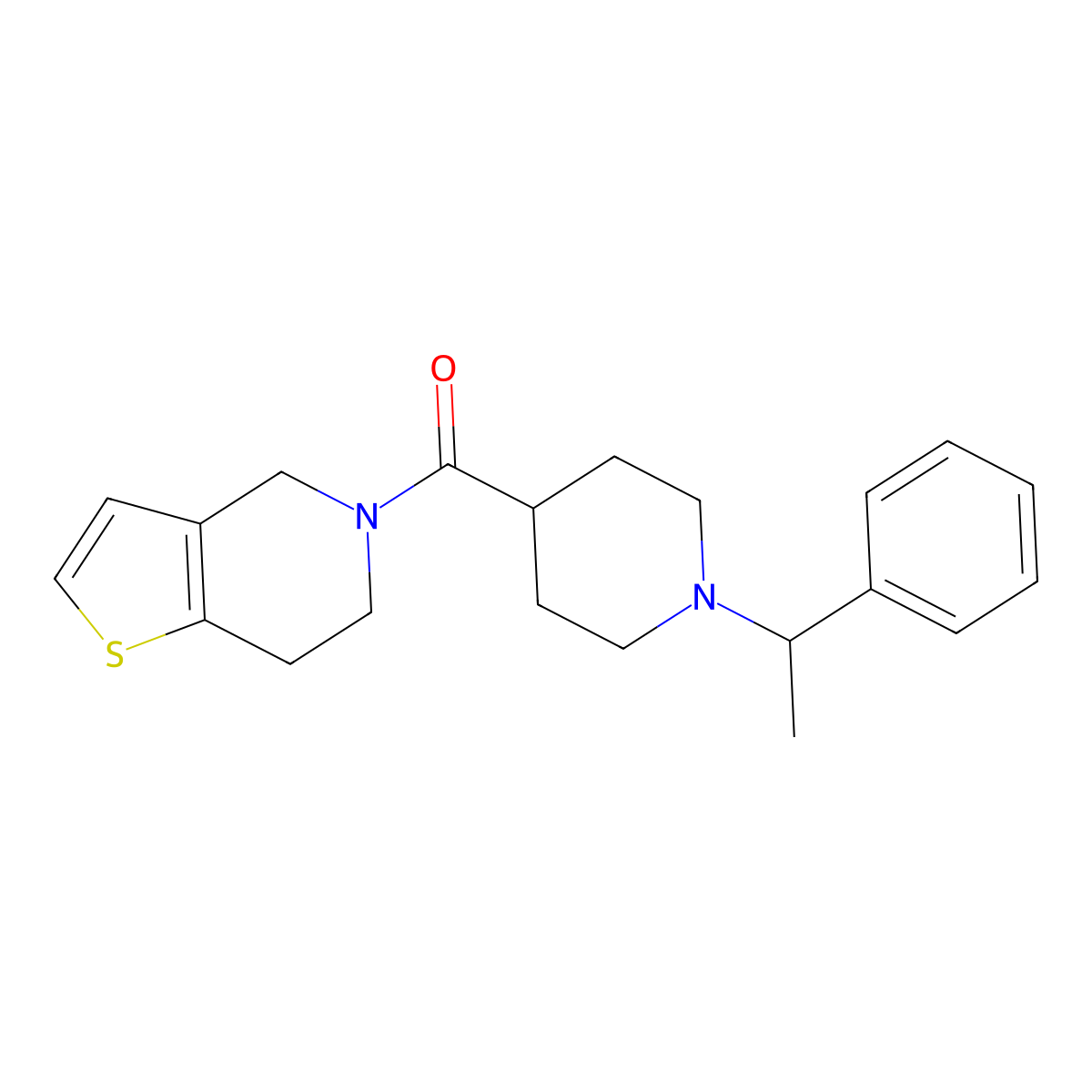 1-(1-phenylethyl)-4-{4H,5H,6H,7H-thieno[3,2-c]pyridine-5-carbonyl}piperidine molecular structure, CAS 3054608-80-6