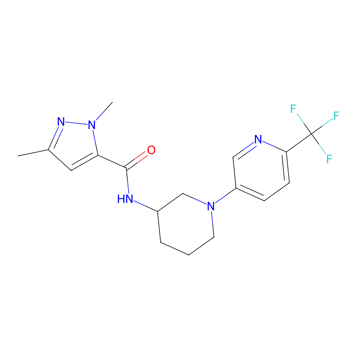 1,3-dimethyl-N-{1-[6-(trifluoromethyl)pyridin-3-yl]piperidin-3-yl}-1H-pyrazole-5-carboxamide molecular structure, CAS 3054608-81-7