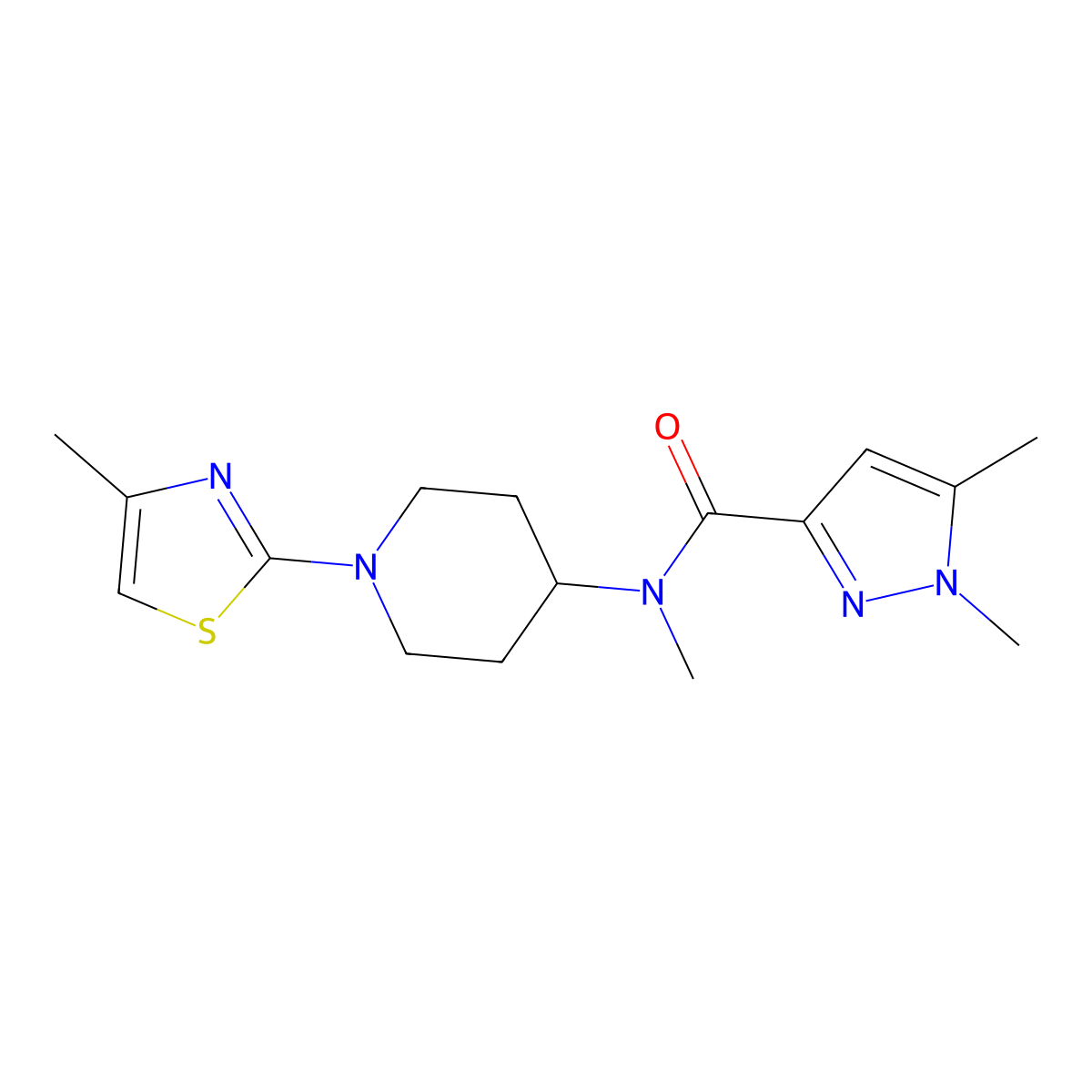 N,1,5-trimethyl-N-[1-(4-methyl-1,3-thiazol-2-yl)piperidin-4-yl]-1H-pyrazole-3-carboxamide molecular structure, CAS 3054608-83-9