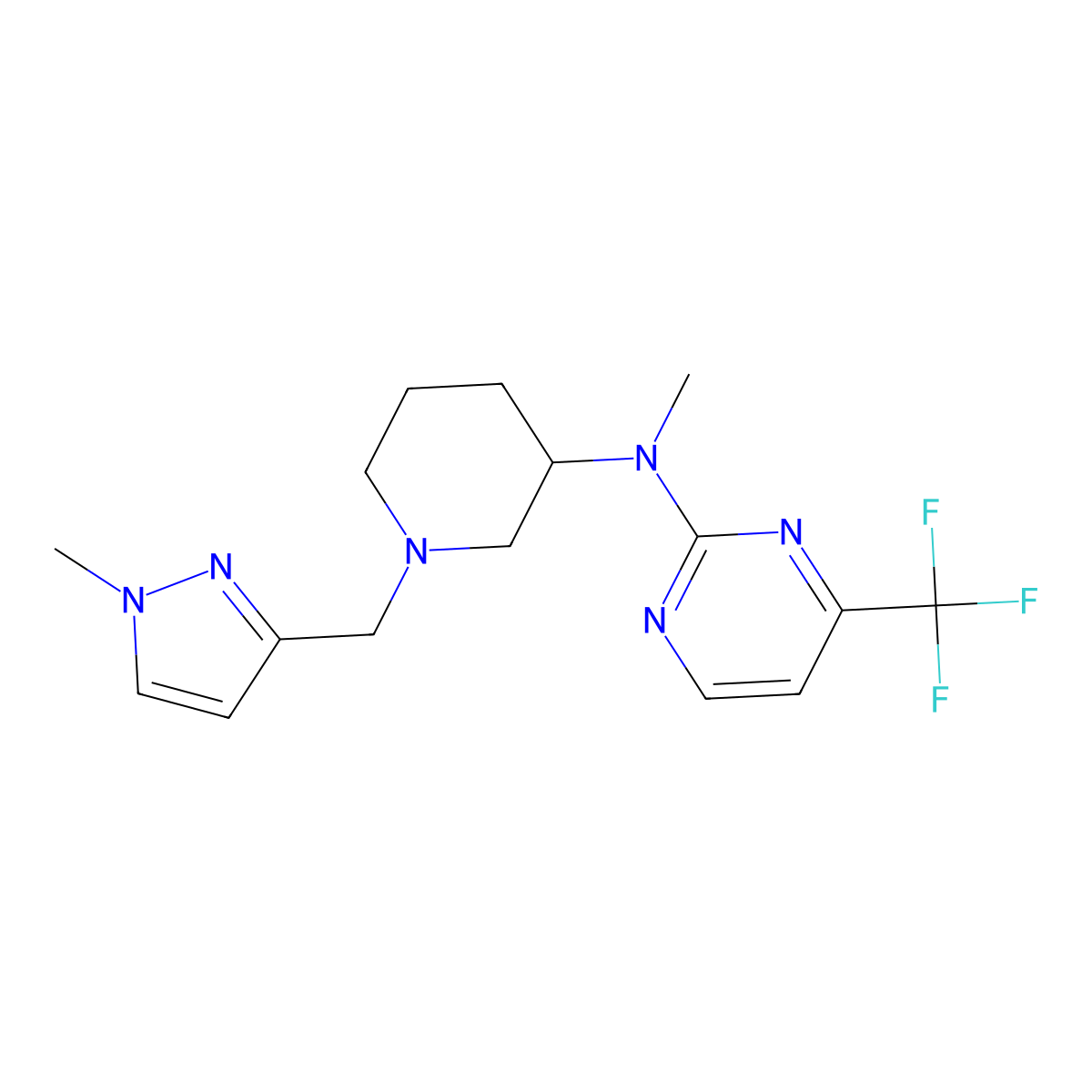 N-methyl-N-{1-[(1-methyl-1H-pyrazol-3-yl)methyl]piperidin-3-yl}-4-(trifluoromethyl)pyrimidin-2-amine molecular structure, CAS 3054608-87-3