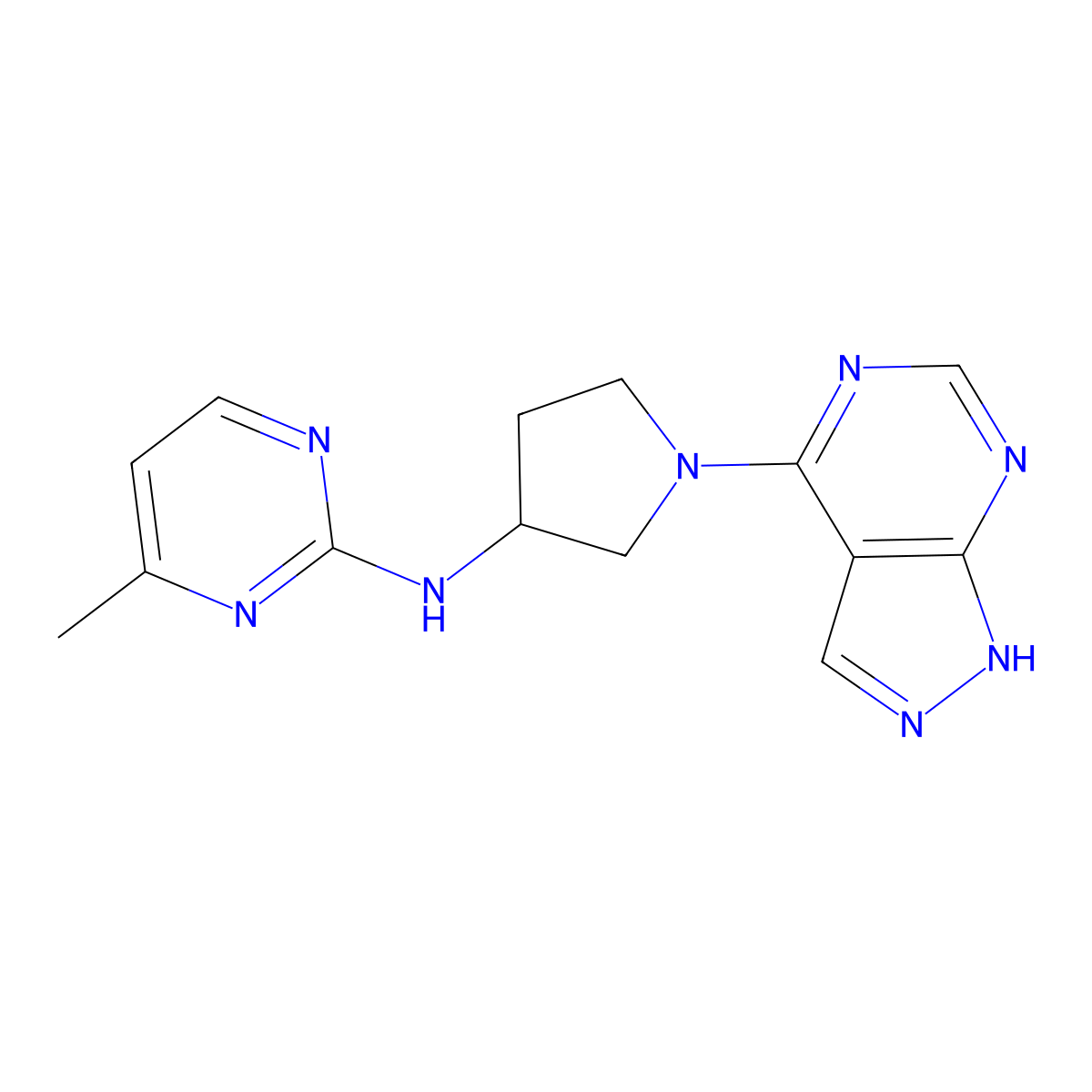4-methyl-N-(1-{1H-pyrazolo[3,4-d]pyrimidin-4-yl}pyrrolidin-3-yl)pyrimidin-2-amine molecular structure, CAS 3054608-94-2