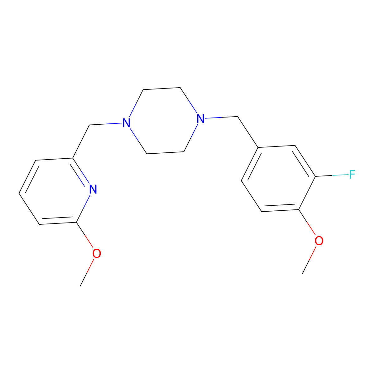 1-[(3-Fluoro-4-methoxyphenyl)methyl]-4-[(6-methoxypyridin-2-yl)methyl]piperazine molecular structure, CAS 3054608-98-6