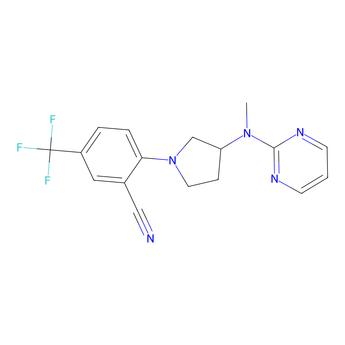 2-{3-[Methyl(pyrimidin-2-yl)amino]pyrrolidin-1-yl}-5-(trifluoromethyl)benzonitrile molecular structure, CAS 3054609-07-0
