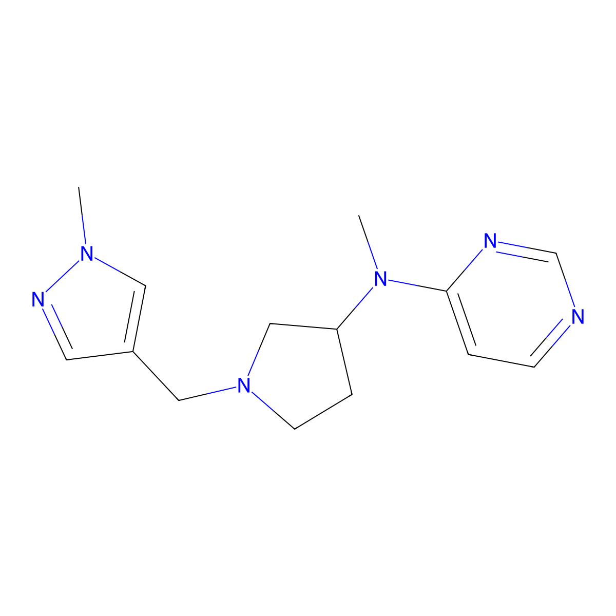 N-methyl-N-{1-[(1-methyl-1H-pyrazol-4-yl)methyl]pyrrolidin-3-yl}pyrimidin-4-amine molecular structure, CAS 3054609-19-4