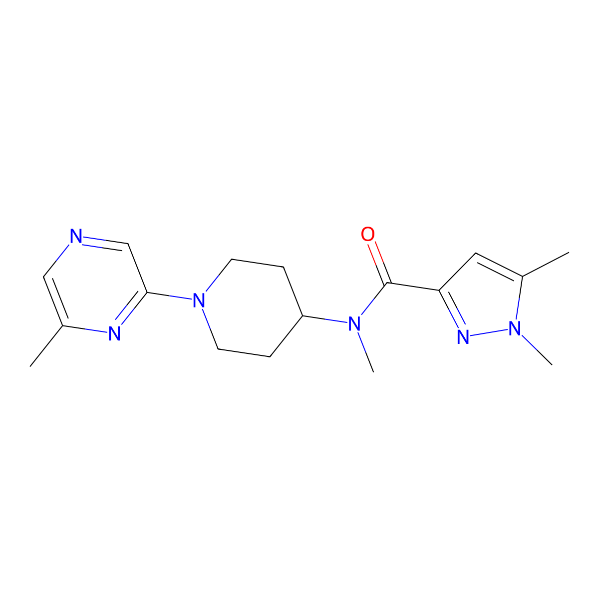 N,1,5-trimethyl-N-[1-(6-methylpyrazin-2-yl)piperidin-4-yl]-1H-pyrazole-3-carboxamide molecular structure, CAS 3054609-20-7