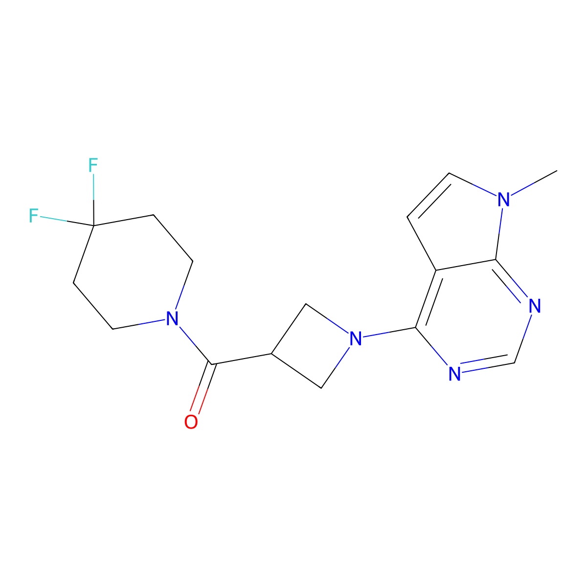 4,4-difluoro-1-(1-{7-methyl-7H-pyrrolo[2,3-d]pyrimidin-4-yl}azetidine-3-carbonyl)piperidine molecular structure, CAS 3054609-26-3