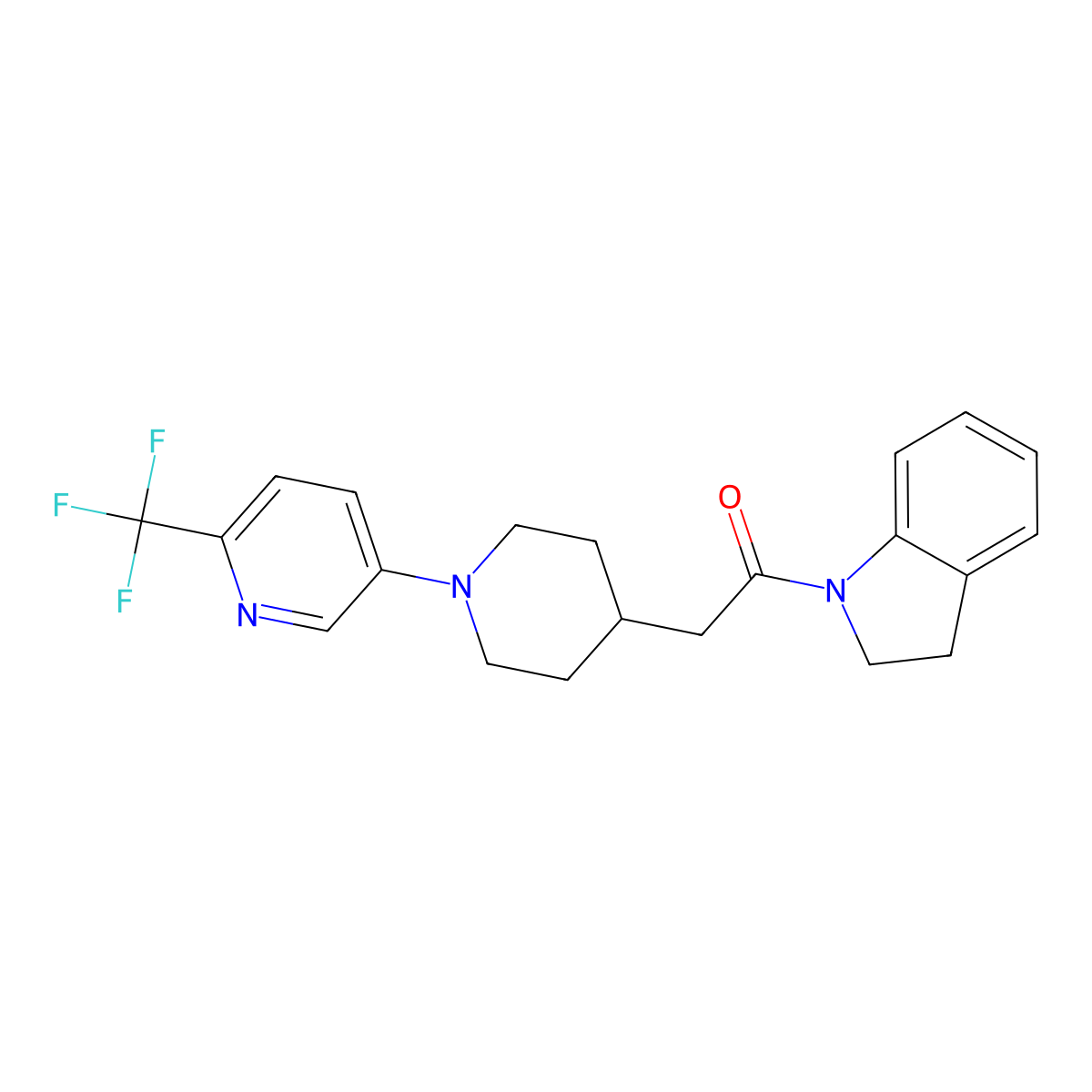 1-(2,3-dihydro-1H-indol-1-yl)-2-{1-[6-(trifluoromethyl)pyridin-3-yl]piperidin-4-yl}ethan-1-one molecular structure, CAS 3054609-27-4