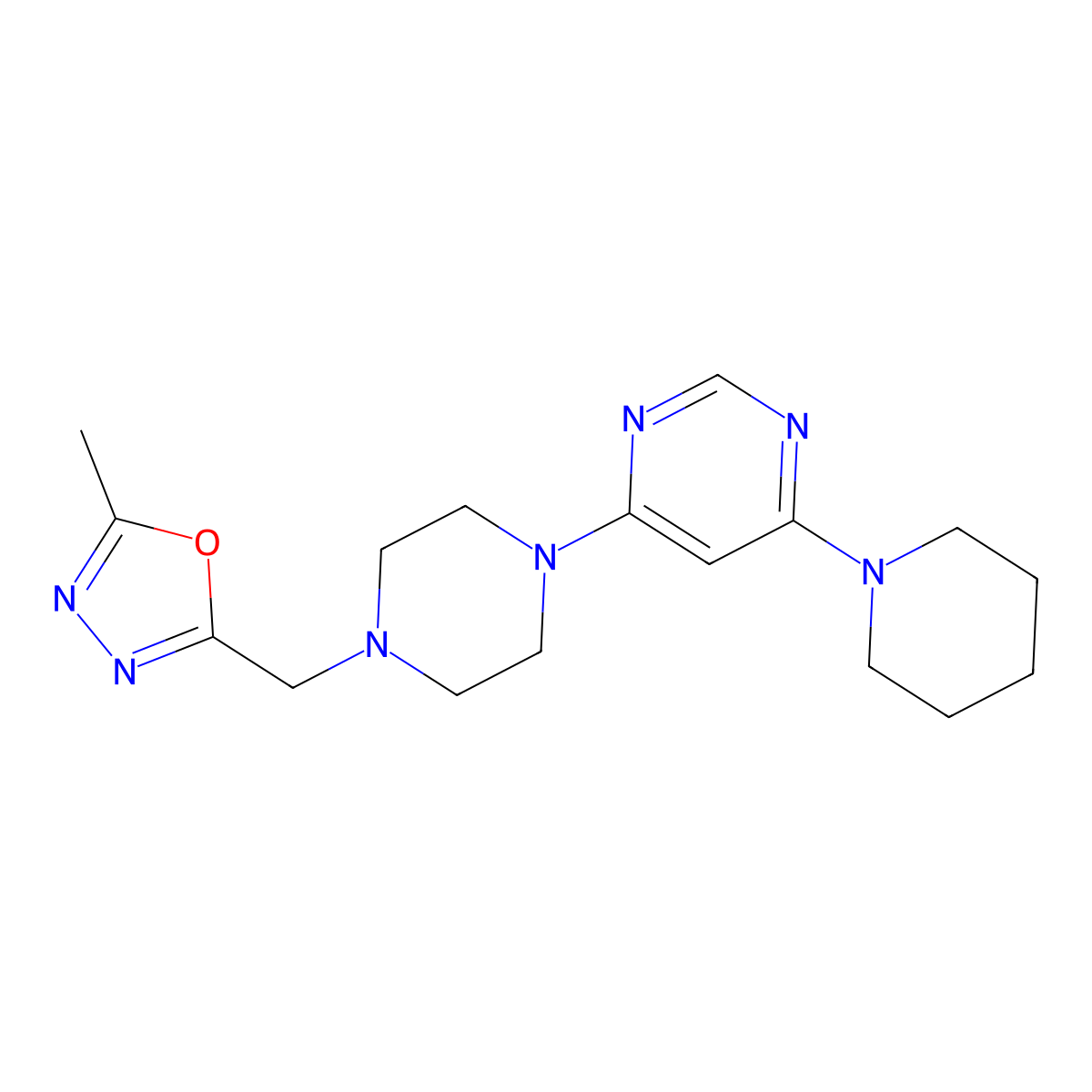 4-{4-[(5-Methyl-1,3,4-oxadiazol-2-yl)methyl]piperazin-1-yl}-6-(piperidin-1-yl)pyrimidine molecular structure, CAS 3054609-33-2