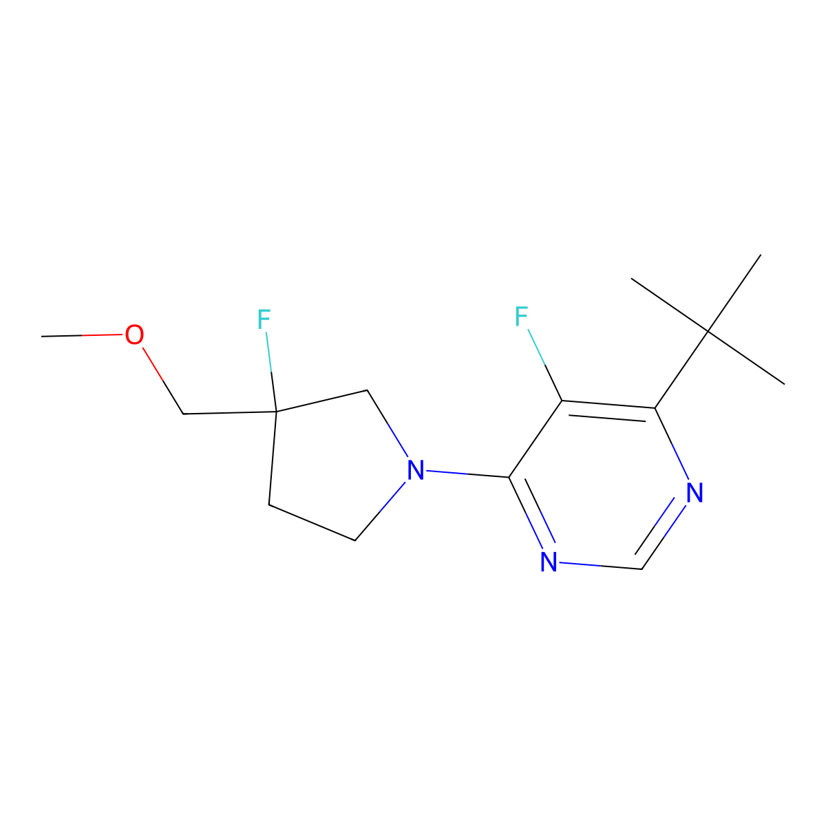 4-Tert-butyl-5-fluoro-6-[3-fluoro-3-(methoxymethyl)pyrrolidin-1-yl]pyrimidine molecular structure, CAS 3054609-35-4