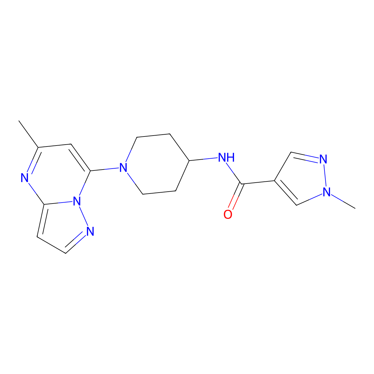 1-methyl-N-(1-{5-methylpyrazolo[1,5-a]pyrimidin-7-yl}piperidin-4-yl)-1H-pyrazole-4-carboxamide molecular structure, CAS 3054609-39-8