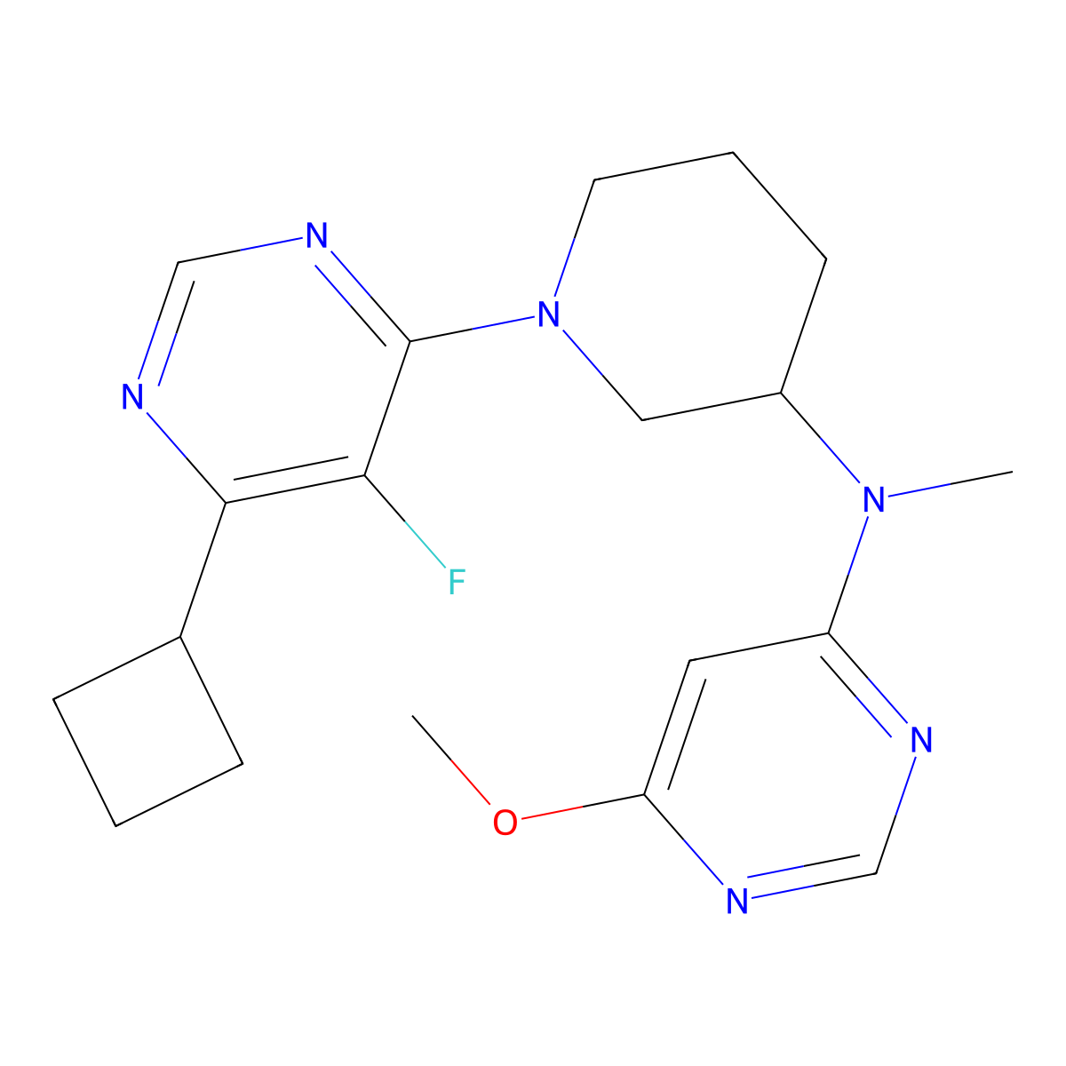 N-[1-(6-cyclobutyl-5-fluoropyrimidin-4-yl)piperidin-3-yl]-6-methoxy-N-methylpyrimidin-4-amine molecular structure, CAS 3054609-52-5