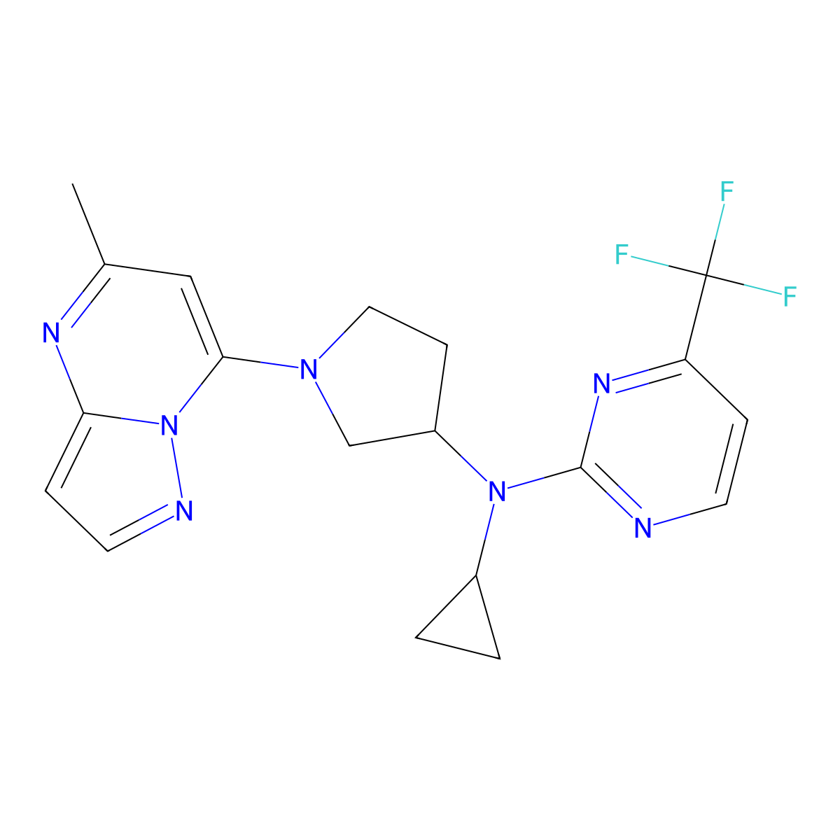 N-cyclopropyl-N-(1-{5-methylpyrazolo[1,5-a]pyrimidin-7-yl}pyrrolidin-3-yl)-4-(trifluoromethyl)pyrimidin-2-amine molecular structure, CAS 3054609-57-0