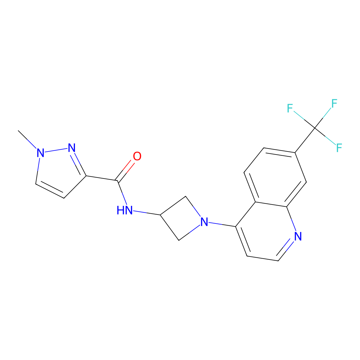 1-methyl-N-{1-[7-(trifluoromethyl)quinolin-4-yl]azetidin-3-yl}-1H-pyrazole-3-carboxamide molecular structure, CAS 3054609-60-5