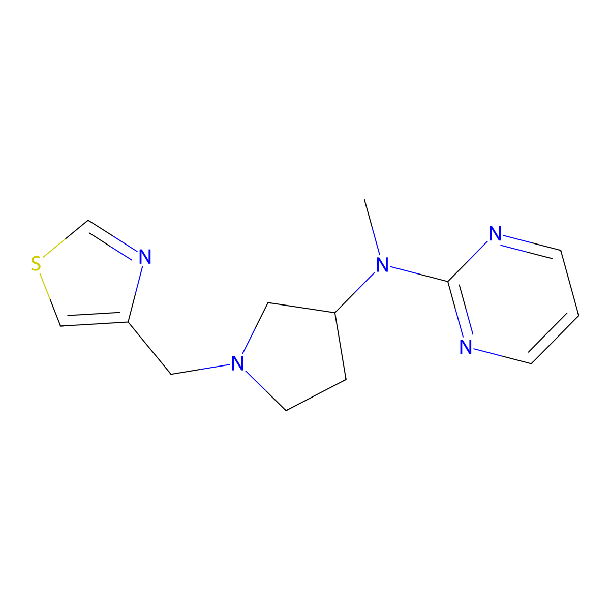 N-methyl-N-{1-[(1,3-thiazol-4-yl)methyl]pyrrolidin-3-yl}pyrimidin-2-amine molecular structure, CAS 3054609-63-8