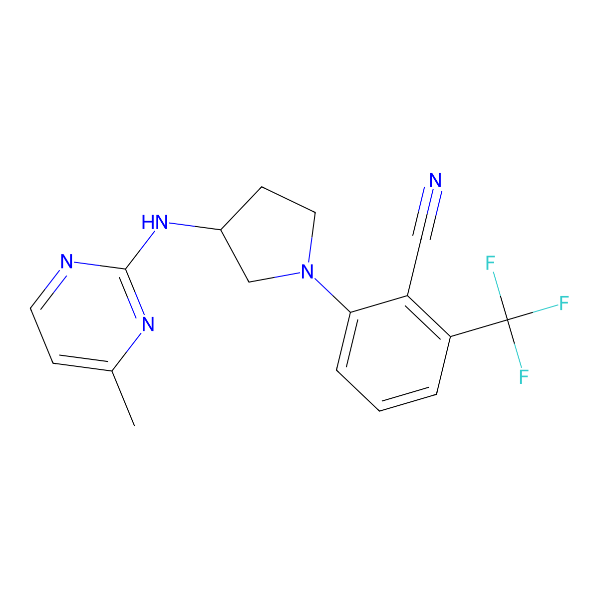 2-{3-[(4-Methylpyrimidin-2-yl)amino]pyrrolidin-1-yl}-6-(trifluoromethyl)benzonitrile molecular structure, CAS 3054609-65-0