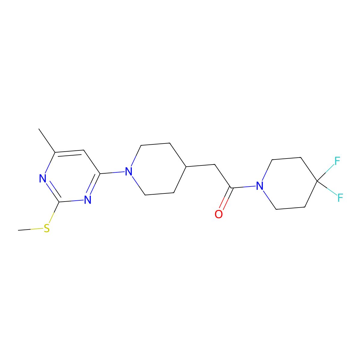 1-(4,4-Difluoropiperidin-1-yl)-2-{1-[6-methyl-2-(methylsulfanyl)pyrimidin-4-yl]piperidin-4-yl}ethan-1-one molecular structure, CAS 3054609-70-7