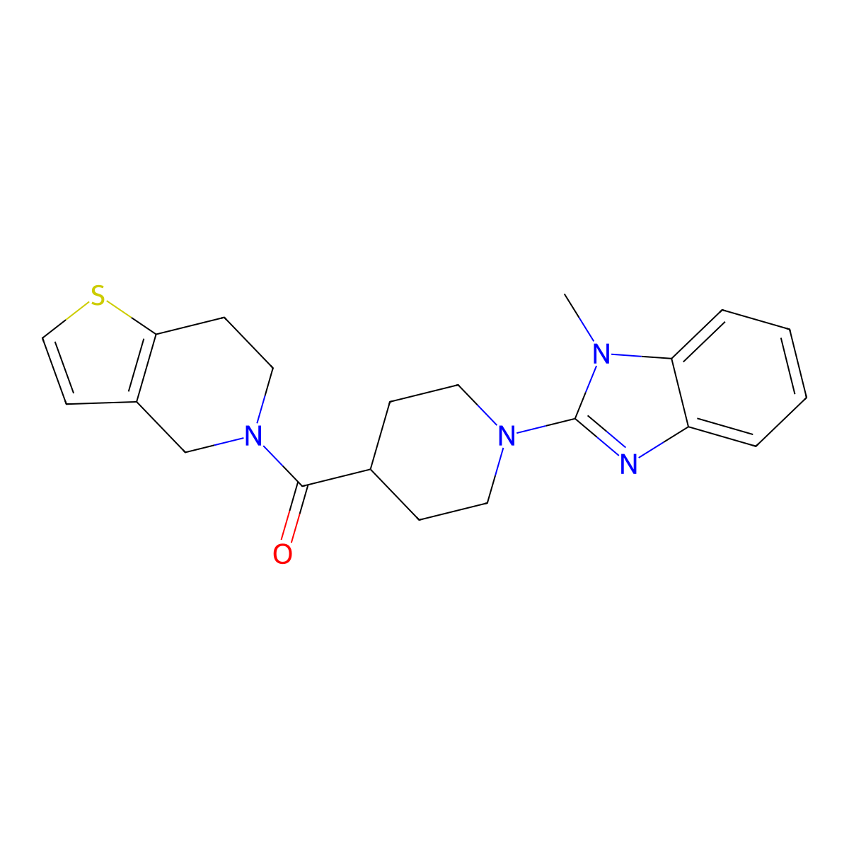 1-methyl-2-(4-{4H,5H,6H,7H-thieno[3,2-c]pyridine-5-carbonyl}piperidin-1-yl)-1H-1,3-benzodiazole molecular structure, CAS 3054609-71-8