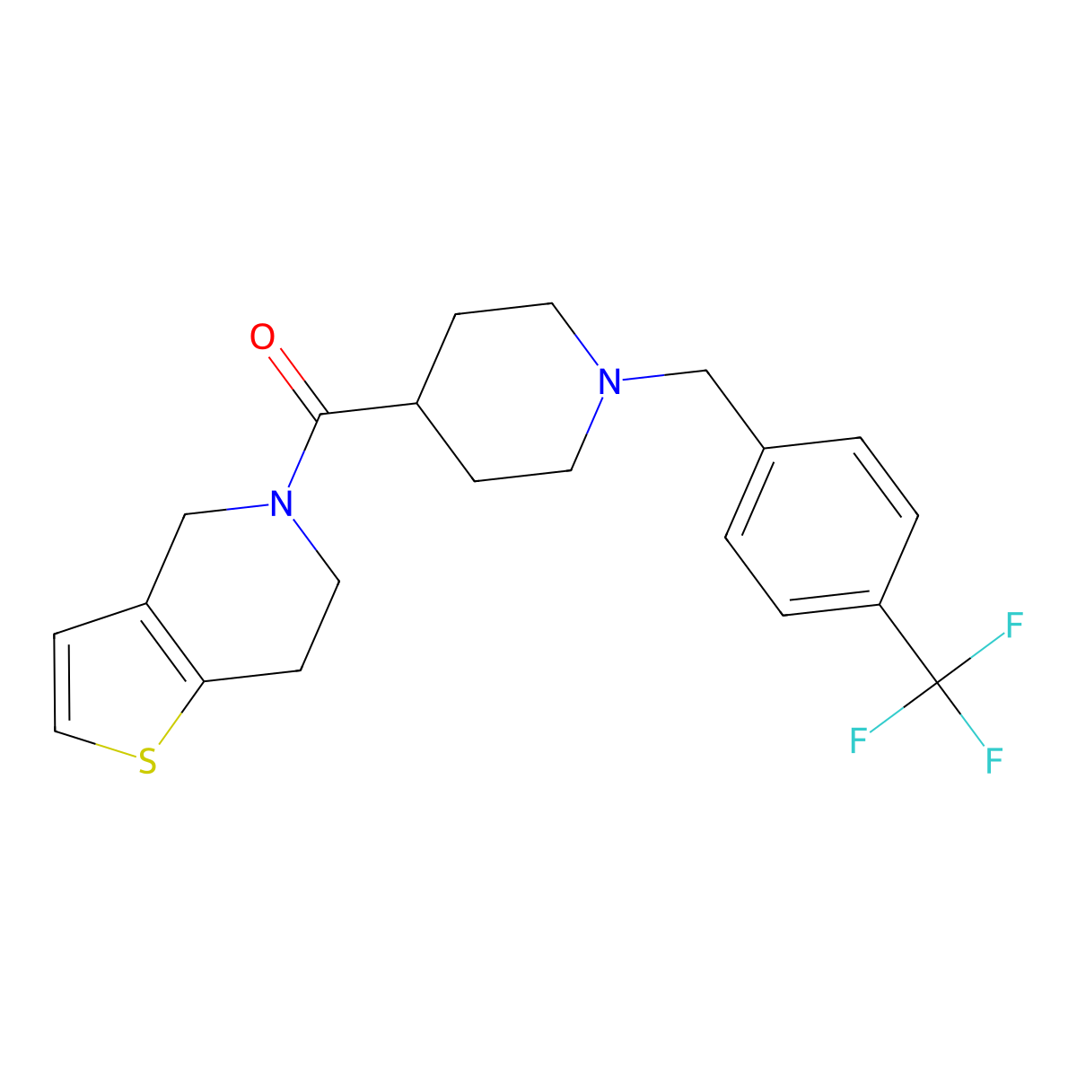 4-{4H,5H,6H,7H-thieno[3,2-c]pyridine-5-carbonyl}-1-{[4-(trifluoromethyl)phenyl]methyl}piperidine molecular structure, CAS 3054609-72-9