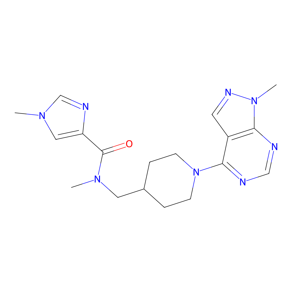 N,1-dimethyl-N-[(1-{1-methyl-1H-pyrazolo[3,4-d]pyrimidin-4-yl}piperidin-4-yl)methyl]-1H-imidazole-4-carboxamide molecular structure, CAS 3054609-73-0