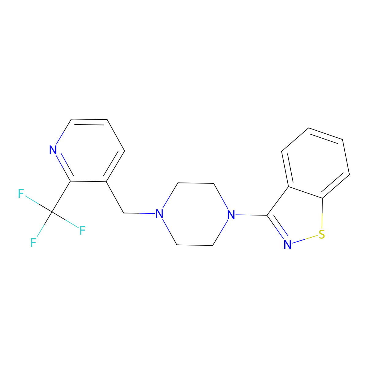 3-(4-{[2-(Trifluoromethyl)pyridin-3-yl]methyl}piperazin-1-yl)-1,2-benzothiazole molecular structure, CAS 3054609-81-0