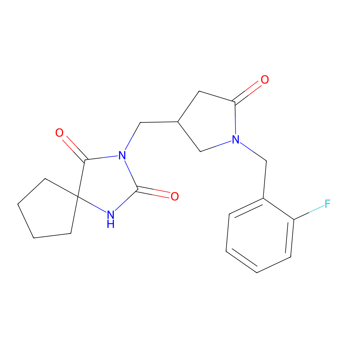 3-({1-[(2-Fluorophenyl)methyl]-5-oxopyrrolidin-3-yl}methyl)-1,3-diazaspiro[4.4]nonane-2,4-dione molecular structure, CAS 3054609-82-1