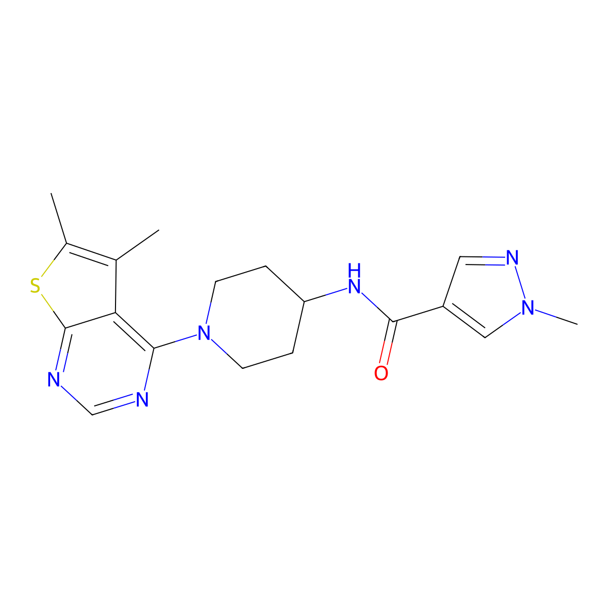 N-(1-{5,6-dimethylthieno[2,3-d]pyrimidin-4-yl}piperidin-4-yl)-1-methyl-1H-pyrazole-4-carboxamide molecular structure, CAS 3054609-83-2