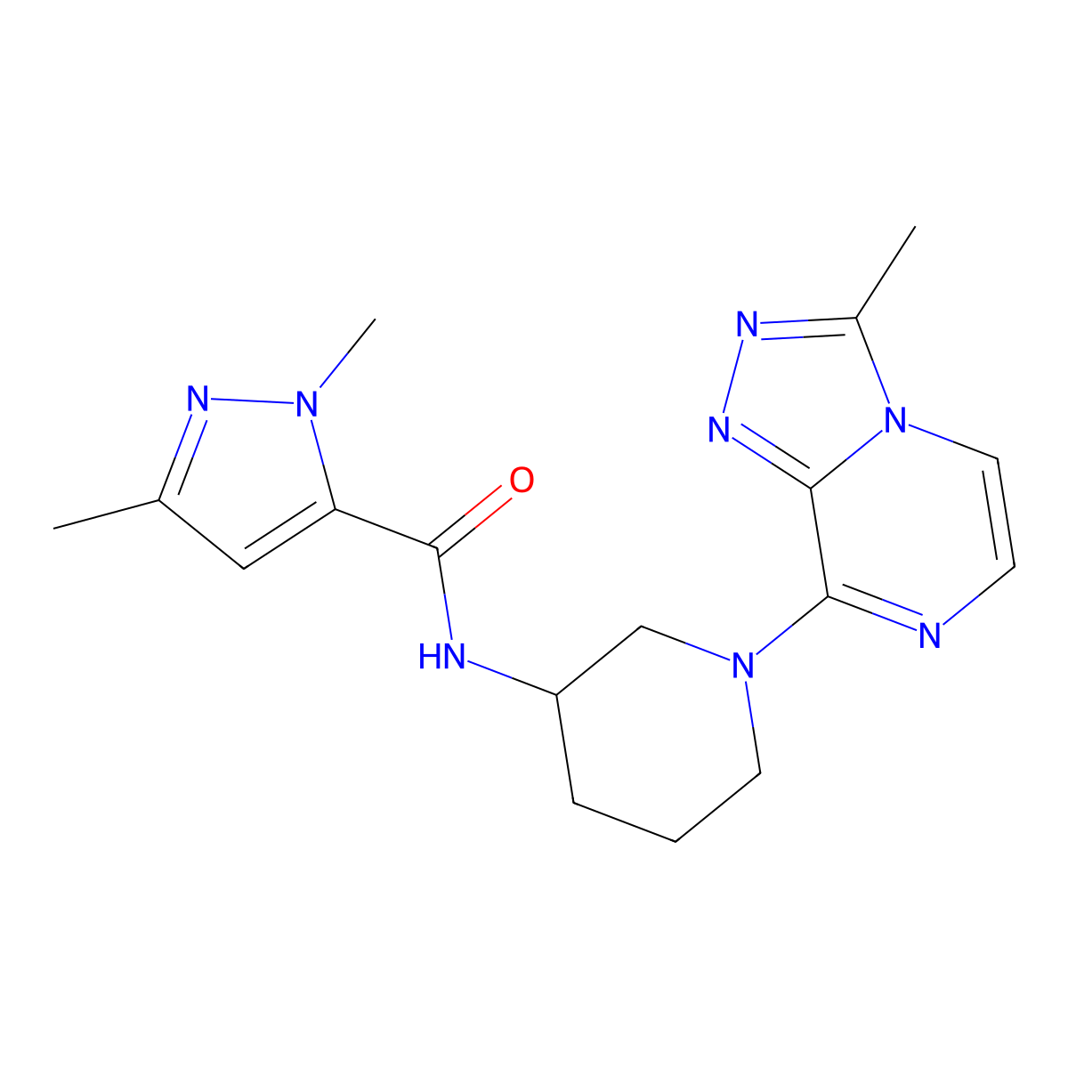 1,3-dimethyl-N-(1-{3-methyl-[1,2,4]triazolo[4,3-a]pyrazin-8-yl}piperidin-3-yl)-1H-pyrazole-5-carboxamide molecular structure, CAS 3054609-88-7
