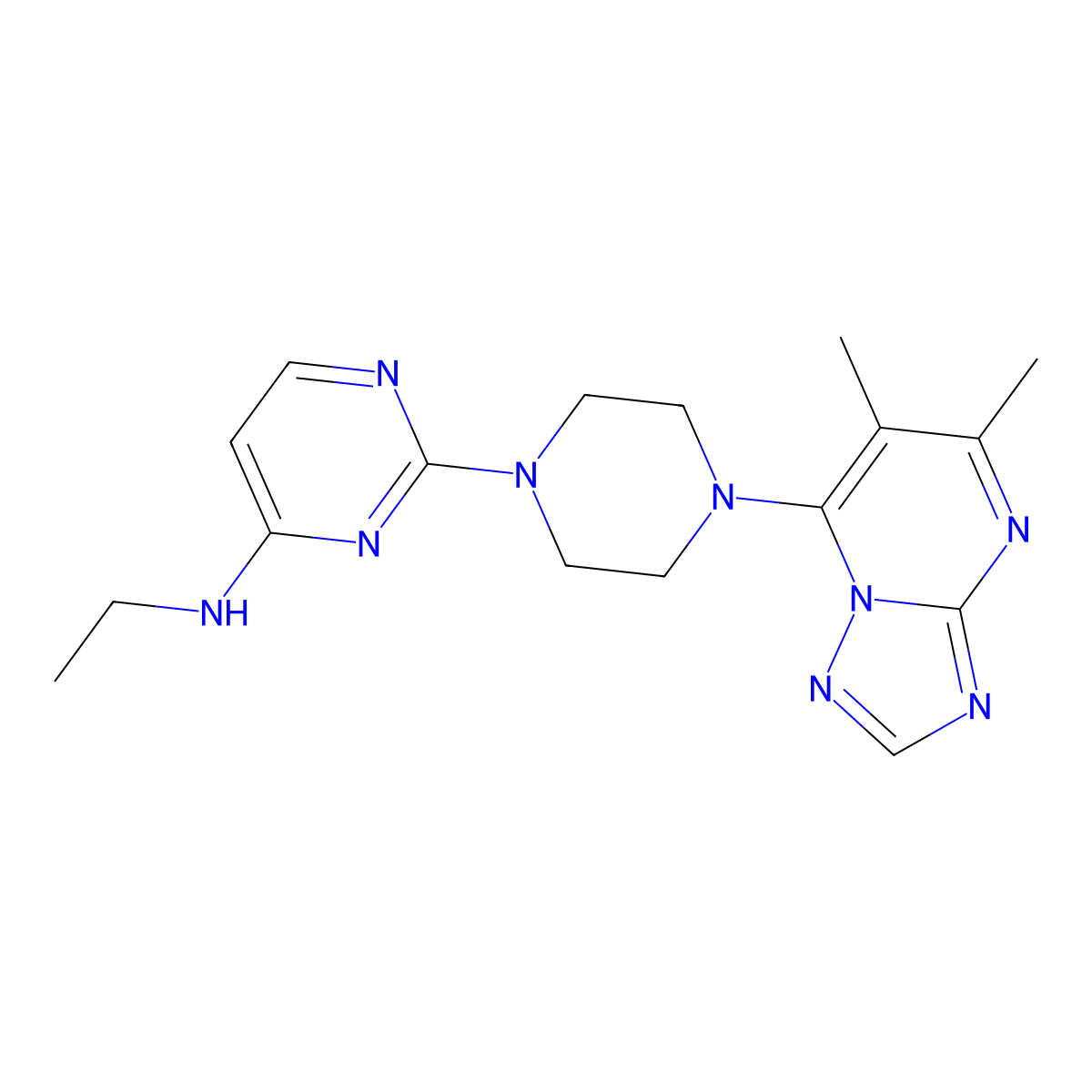 2-(4-{5,6-dimethyl-[1,2,4]triazolo[1,5-a]pyrimidin-7-yl}piperazin-1-yl)-N-ethylpyrimidin-4-amine molecular structure, CAS 3054609-90-1
