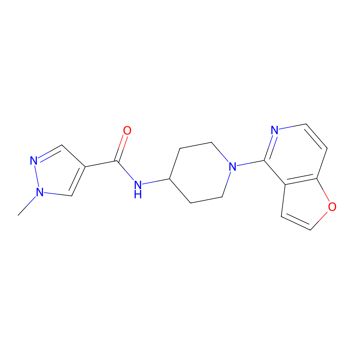 N-(1-{furo[3,2-c]pyridin-4-yl}piperidin-4-yl)-1-methyl-1H-pyrazole-4-carboxamide molecular structure, CAS 3054609-98-9