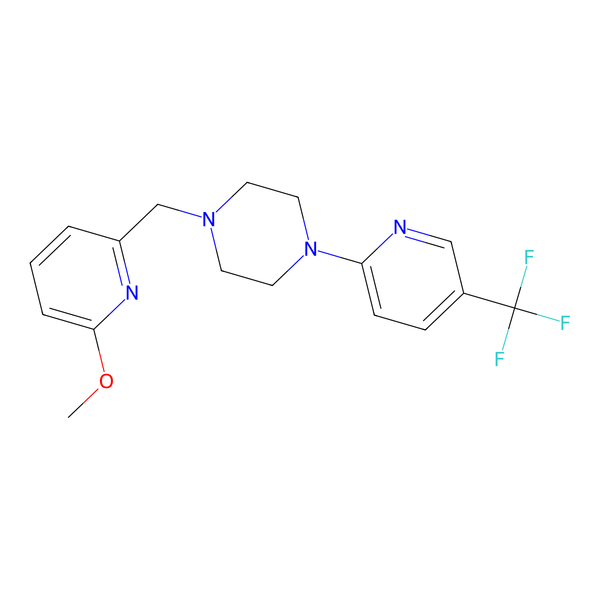 1-[(6-Methoxypyridin-2-yl)methyl]-4-[5-(trifluoromethyl)pyridin-2-yl]piperazine molecular structure, CAS 3054610-01-1