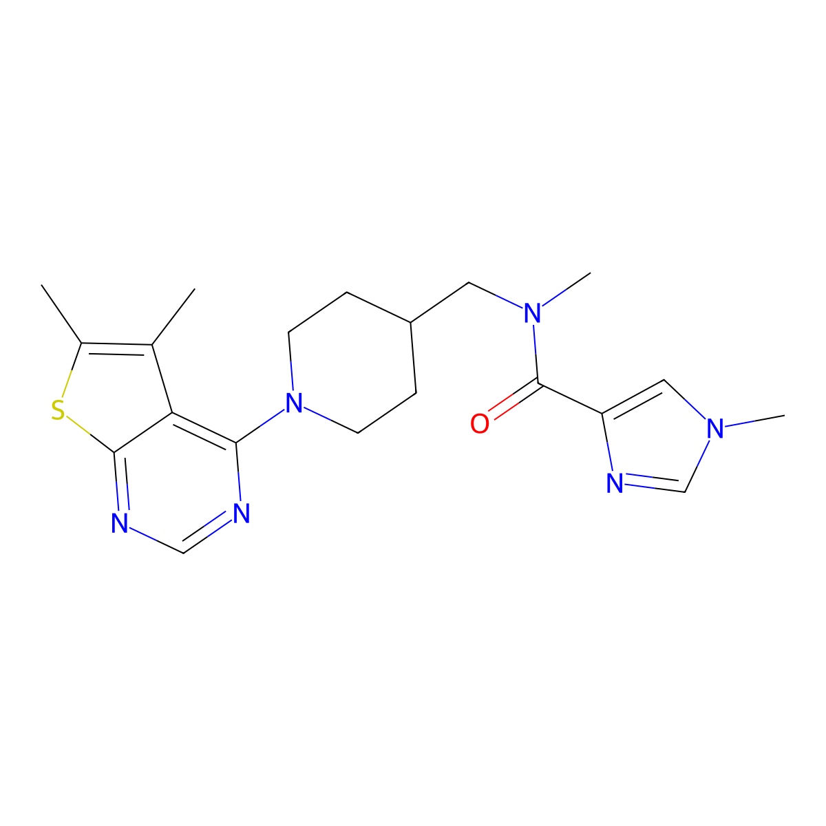 N-[(1-{5,6-dimethylthieno[2,3-d]pyrimidin-4-yl}piperidin-4-yl)methyl]-N,1-dimethyl-1H-imidazole-4-carboxamide molecular structure, CAS 3054610-05-5