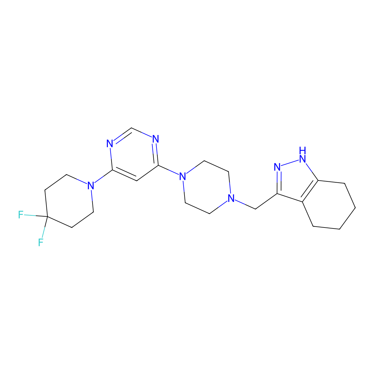 3-({4-[6-(4,4-difluoropiperidin-1-yl)pyrimidin-4-yl]piperazin-1-yl}methyl)-4,5,6,7-tetrahydro-1H-indazole molecular structure, CAS 3054610-16-8