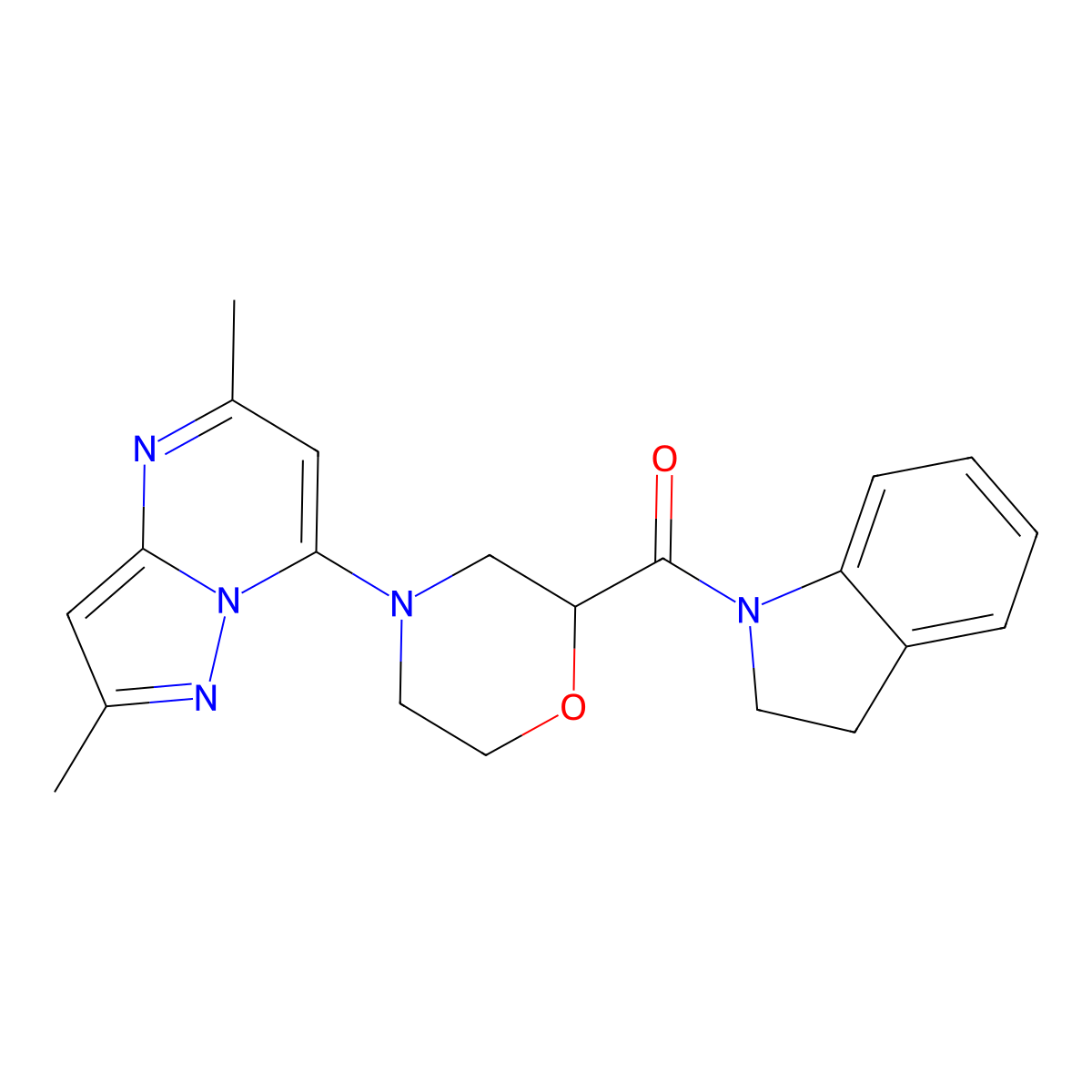 1-(4-{2,5-dimethylpyrazolo[1,5-a]pyrimidin-7-yl}morpholine-2-carbonyl)-2,3-dihydro-1H-indole molecular structure, CAS 3054610-19-1